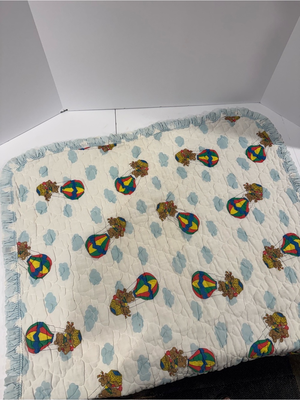 Vintage Baby Crib Blanket Teddy Bear Hot Air Balloon Quilted Ruffle 40x31